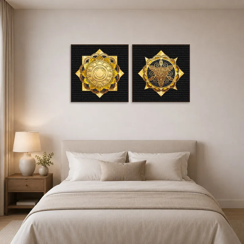 Golden mandala set offers a tranquil touch above a bedroom headboard.