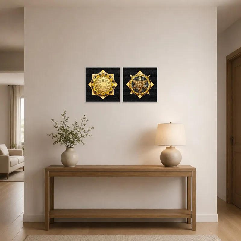 Golden mandala set adds elegance to an entrance hall's wall.