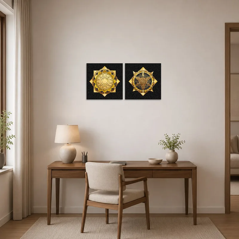 Golden mandala set brings sophistication to a home office space.