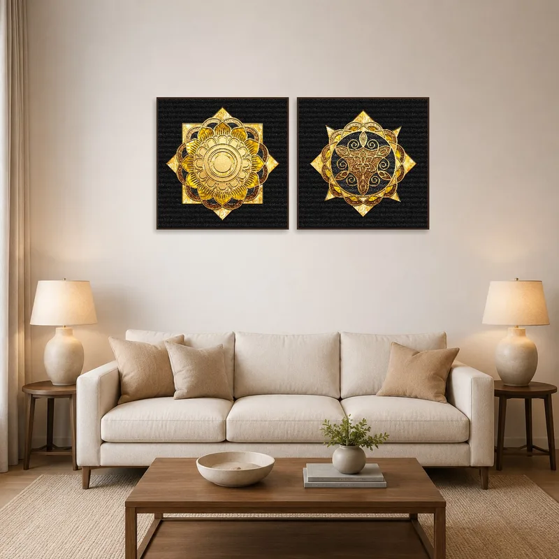 Golden mandala set on black enhances a stylish living room wall.