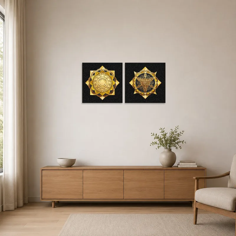 Golden mandala set contrasts with a minimalist room's clean lines.