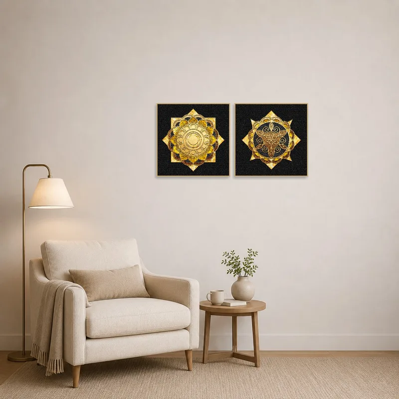 Golden mandala set creates a serene backdrop in a cozy reading corner.