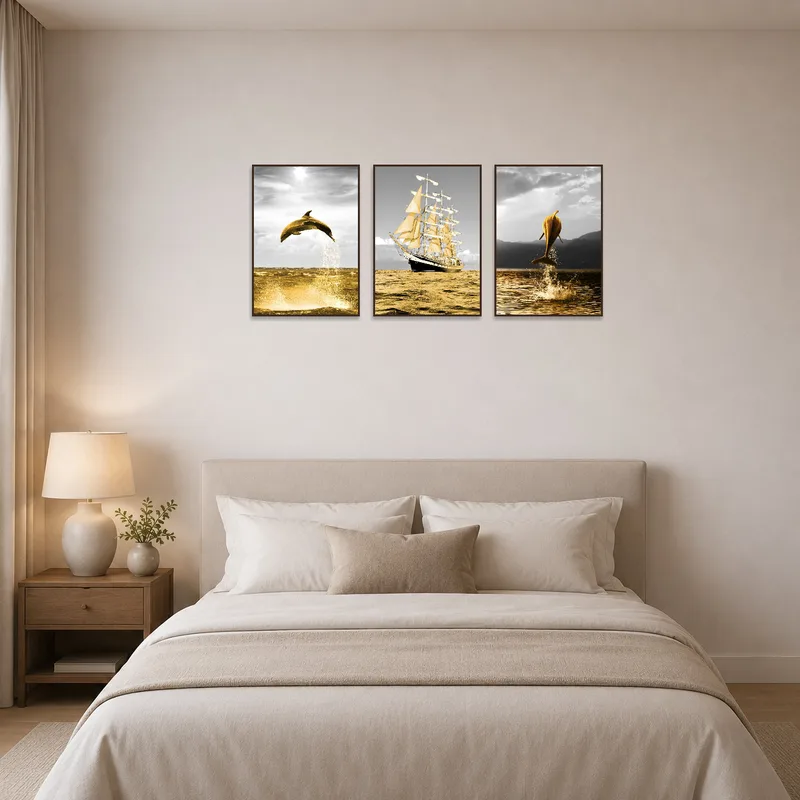 Triptych marine set providing a serene touch to a bedroom wall.