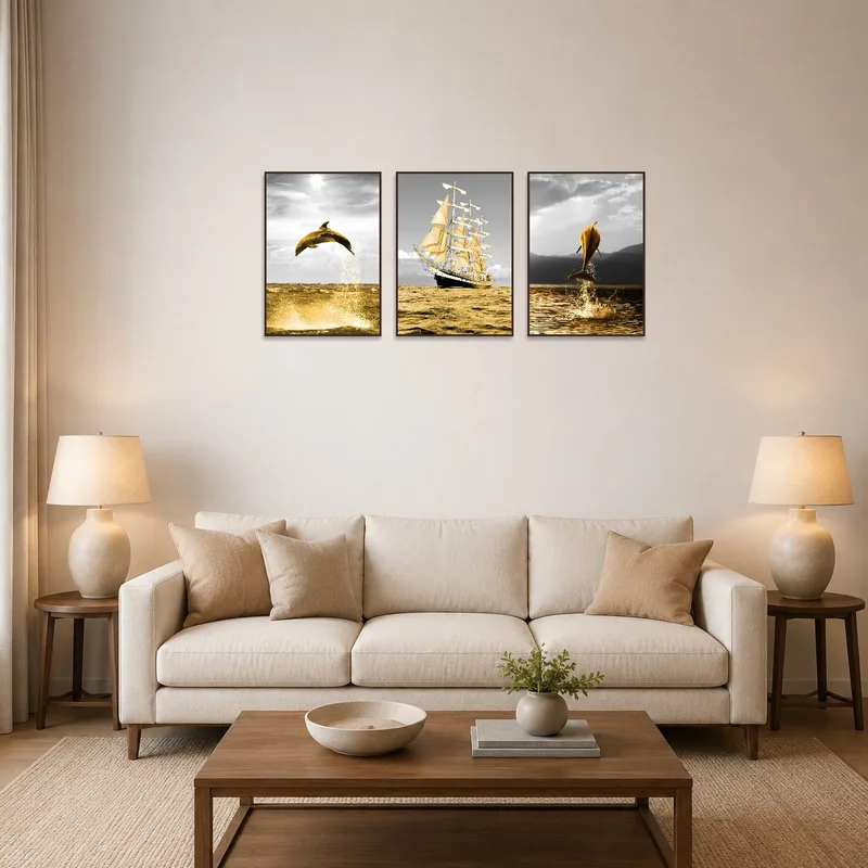 Golden Marine Journey triptych set displayed above a modern sofa.