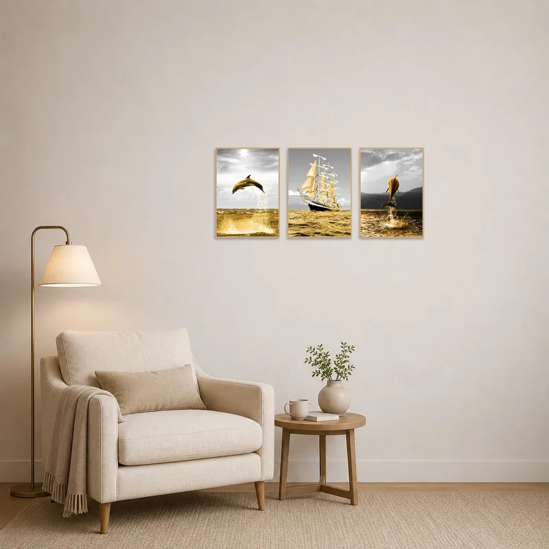 Golden Marine Journey triptych adding warmth to a cozy reading nook.