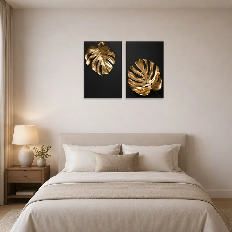 Golden Monstera Leaf art set adding elegance to a serene bedroom.