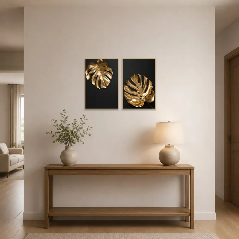 Golden Monstera Leaf art set enhancing a welcoming entrance hall.