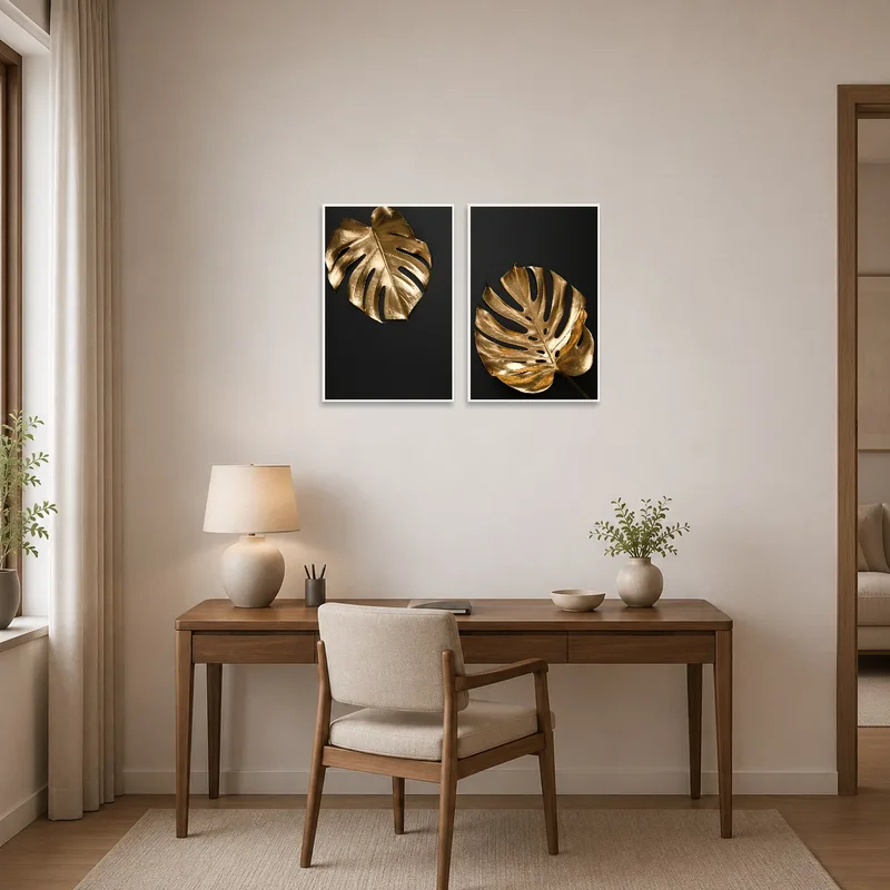 Golden Monstera Leaf artwork set complementing a contemporary home office.