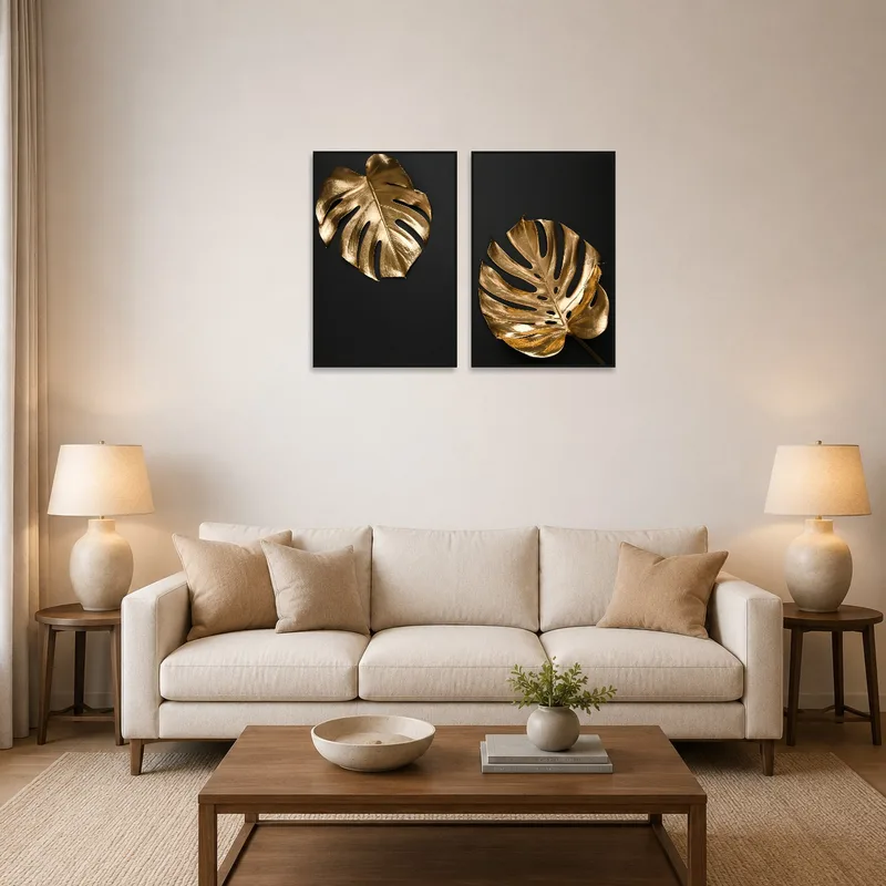 Golden Monstera Leaf artwork set above a modern sofa in a stylish living room.