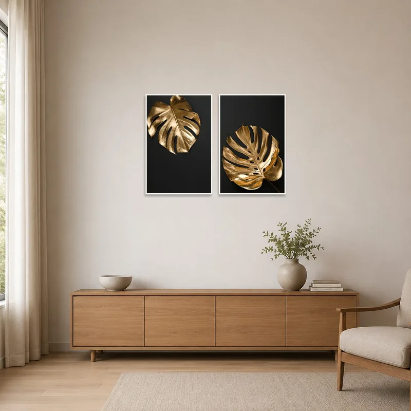 Golden Monstera Leaf set displayed on a plain wall in a minimalist setting.