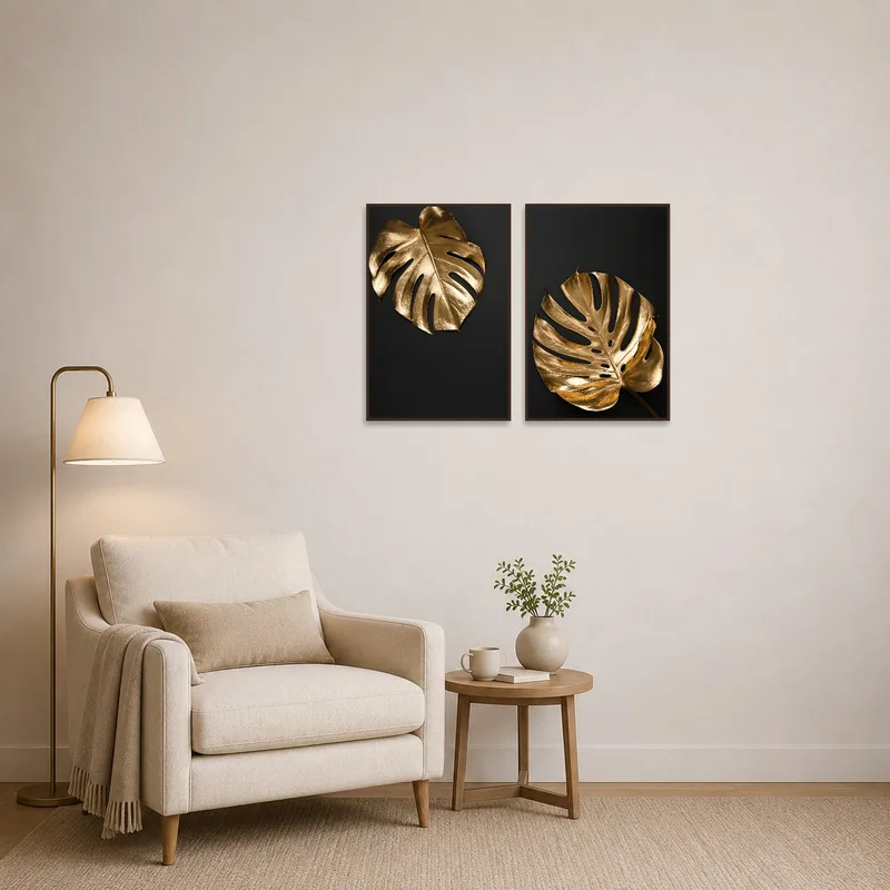 Golden Monstera Leaf set bringing nature into a cozy reading corner.