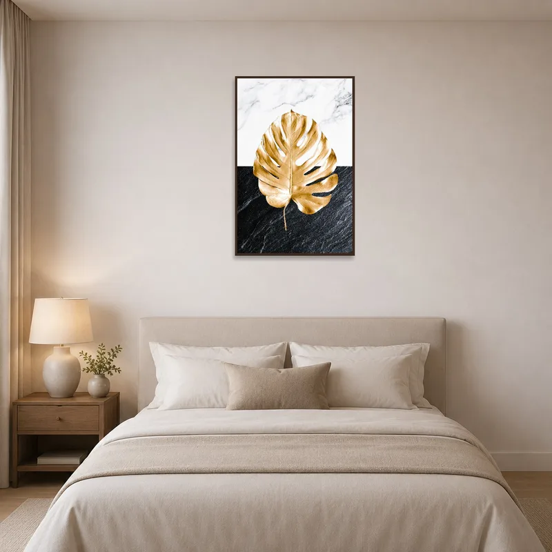 Golden Monstera Leaf art enhancing a relaxing bedroom vibe.