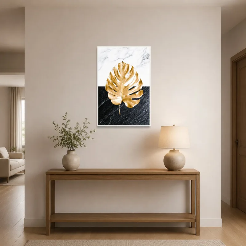 Golden Monstera Leaf art welcoming guests in an entrance.