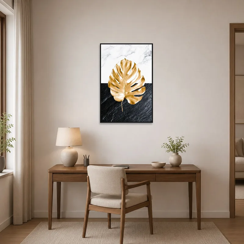 Golden Monstera Leaf art inspiring creativity in a home office.