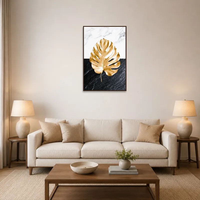 Golden Monstera Leaf art above a modern living-room sofa.