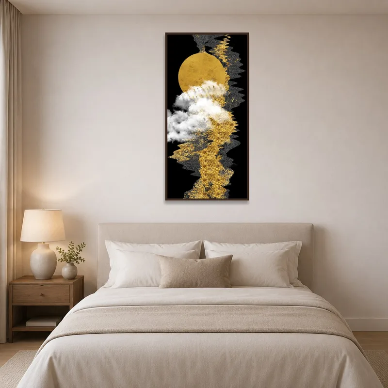 Golden moon and clouds print creates a serene atmosphere in the bedroom.