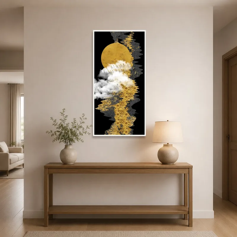 Art print with golden moon and clouds adds elegance to the entrance hall.