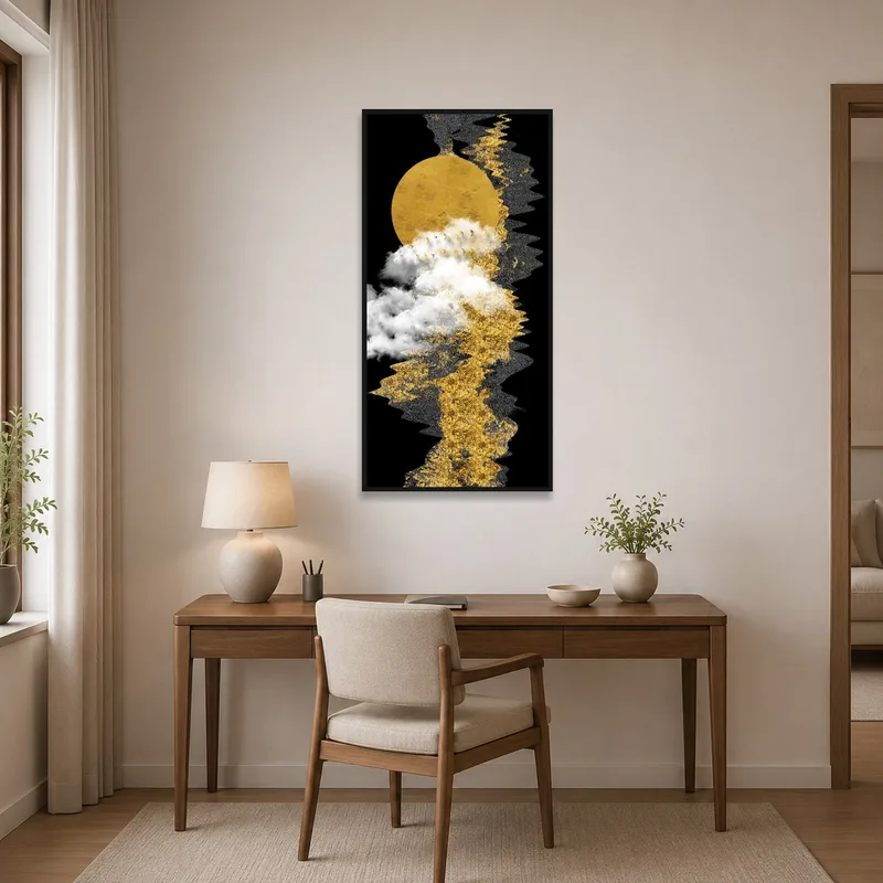 Art print of golden moon and clouds inspires creativity in the home office.