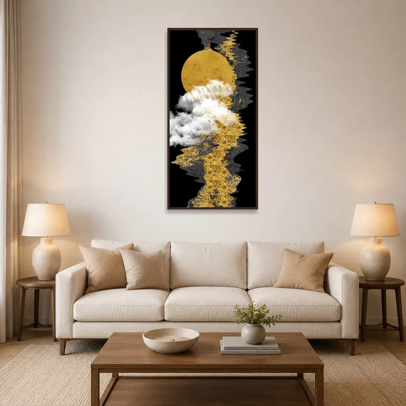 Abstract art print featuring a golden moon and clouds hangs above a modern sofa.