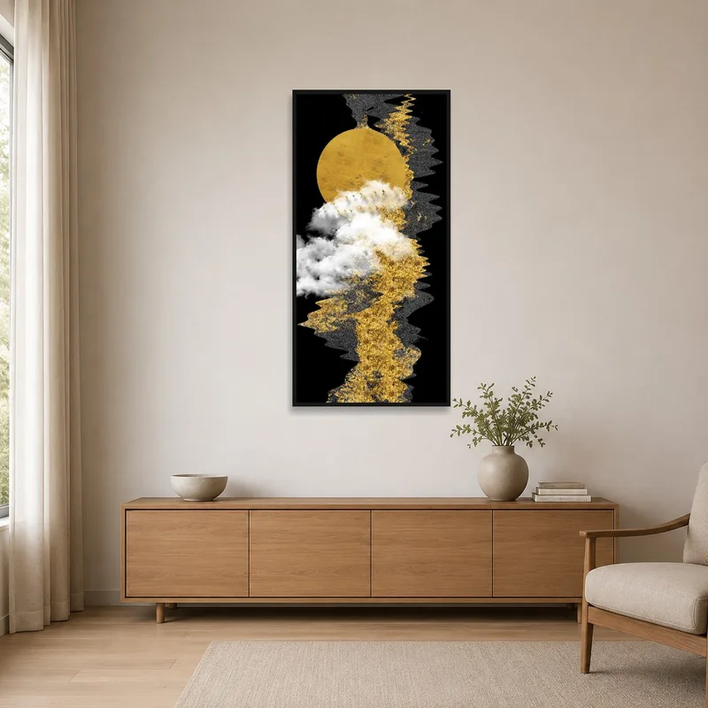 Golden moon and clouds art print complements a clean, minimalist interior.