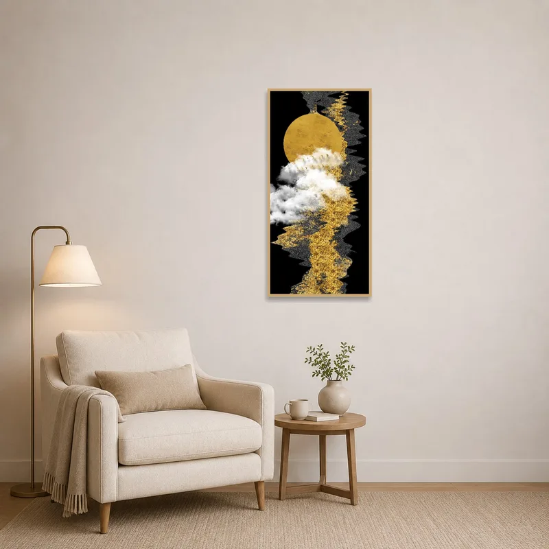A cozy reading corner with a golden moon and clouds art print on the wall.