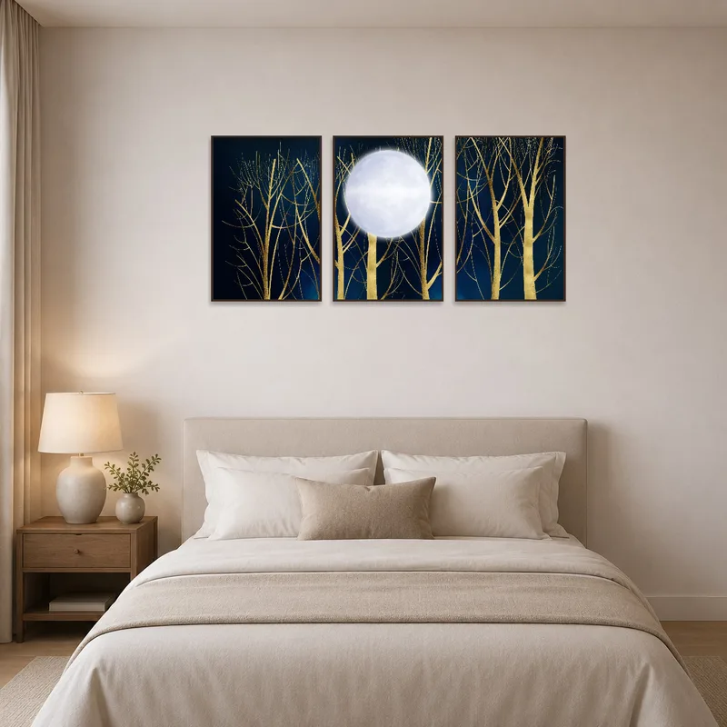 Serene golden tree triptych embellishing the bedroom wall above a neatly made bed.