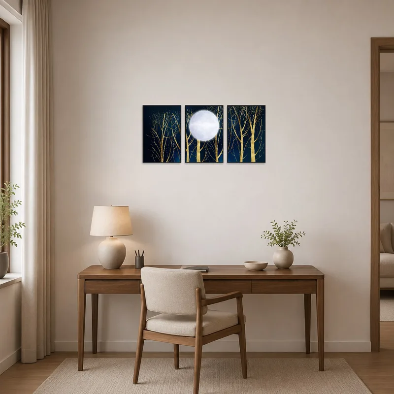 Golden moonlight tree art set accentuating a stylish home office with a desk.