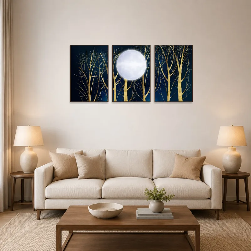 Golden tree triptych art print set above a modern sofa with warm lighting.