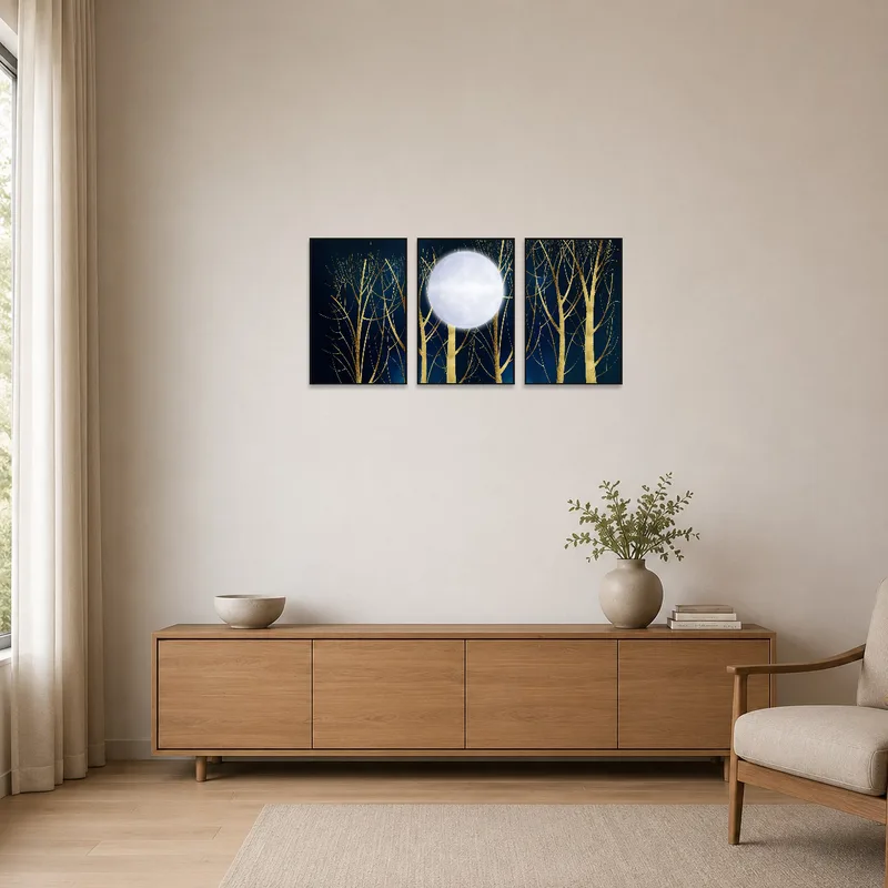 Golden moonlight tree prints on a white wall, paired with a sleek, minimalist decor.