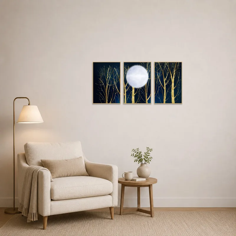 Trio of golden moonlight tree prints in a cozy reading nook with a comfy chair.