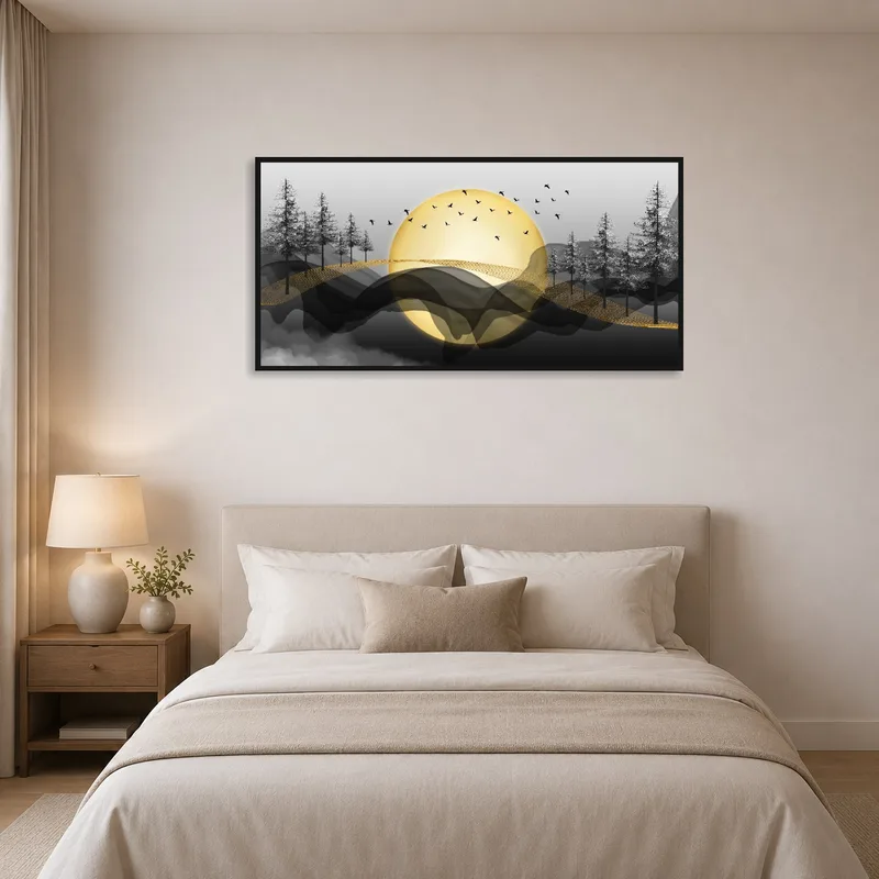 Golden Moonlit Forest art print adding charm above a bed.