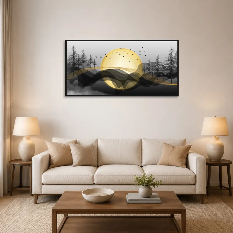 Golden Moonlit Forest art print above a cozy sofa in a living room.