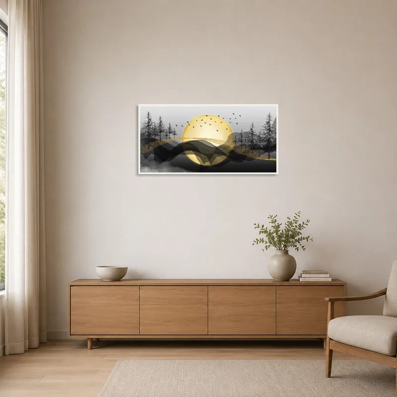 Golden Moonlit Forest art print on a clean white wall in a minimalist setting.