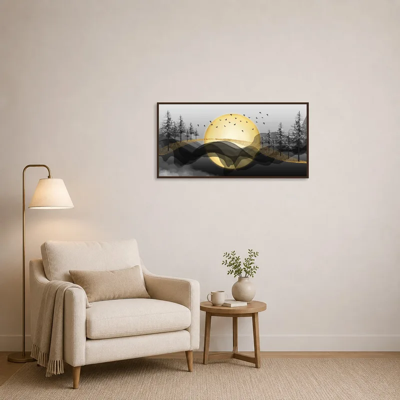 Golden Moonlit Forest art print creating ambiance in a reading corner.