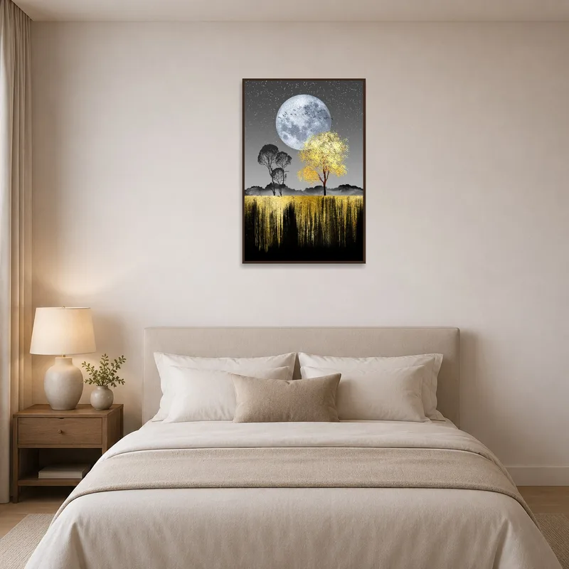 Golden moonlit landscape creates a serene bedroom ambiance.
