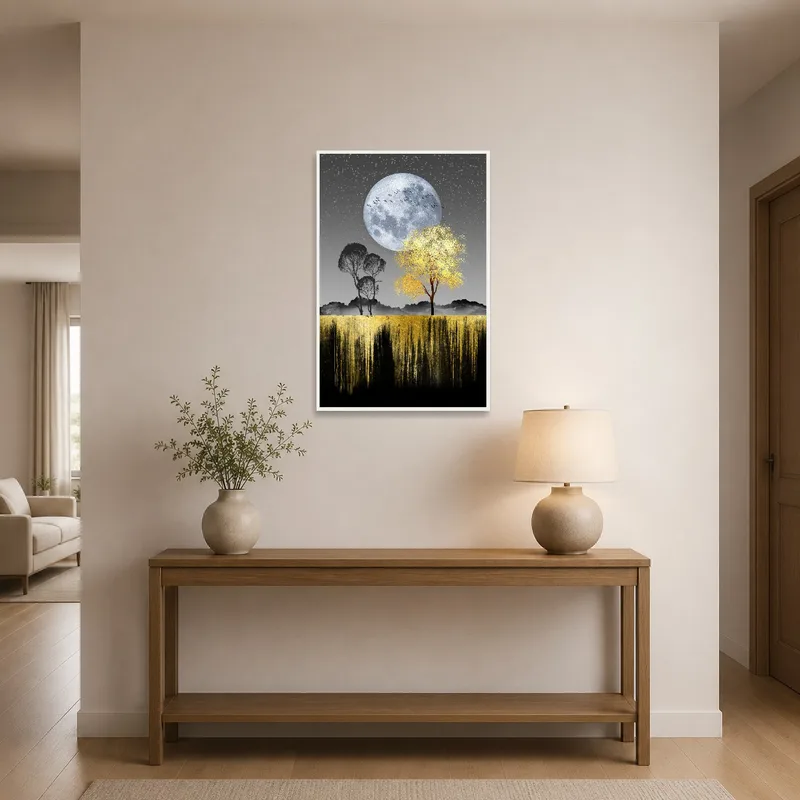 Golden moon landscape artwork welcomes in the entrance hall.