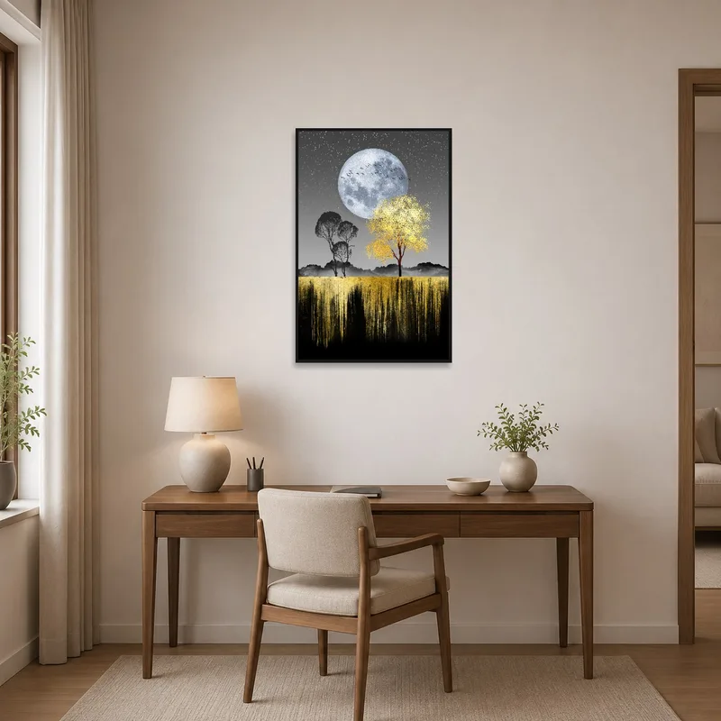 Moonlit landscape painting enhances the home office wall.