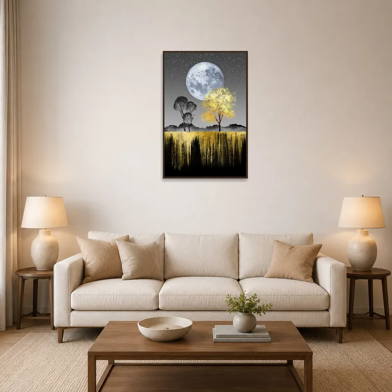 Golden moonlit landscape painting hung above a cozy living room sofa.