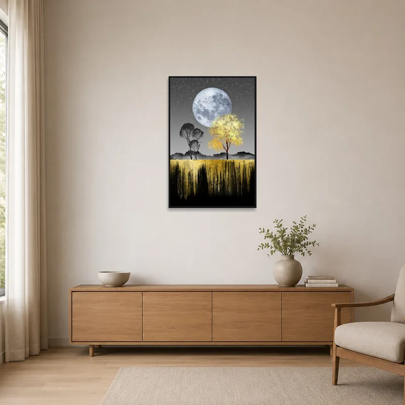 Moonlit landscape with trees on a minimalist white wall.