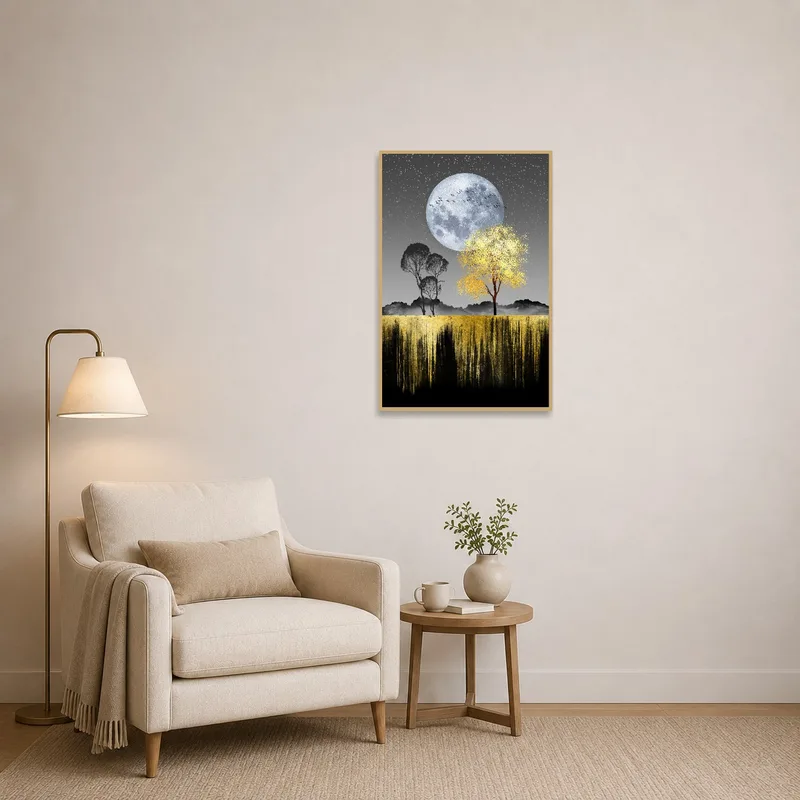 Painting of a moonlit landscape accents the reading corner.