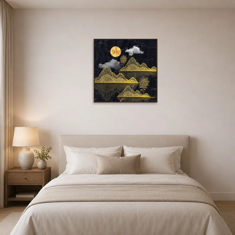 Golden mountain landscape and full moon creating a peaceful bedroom atmosphere.