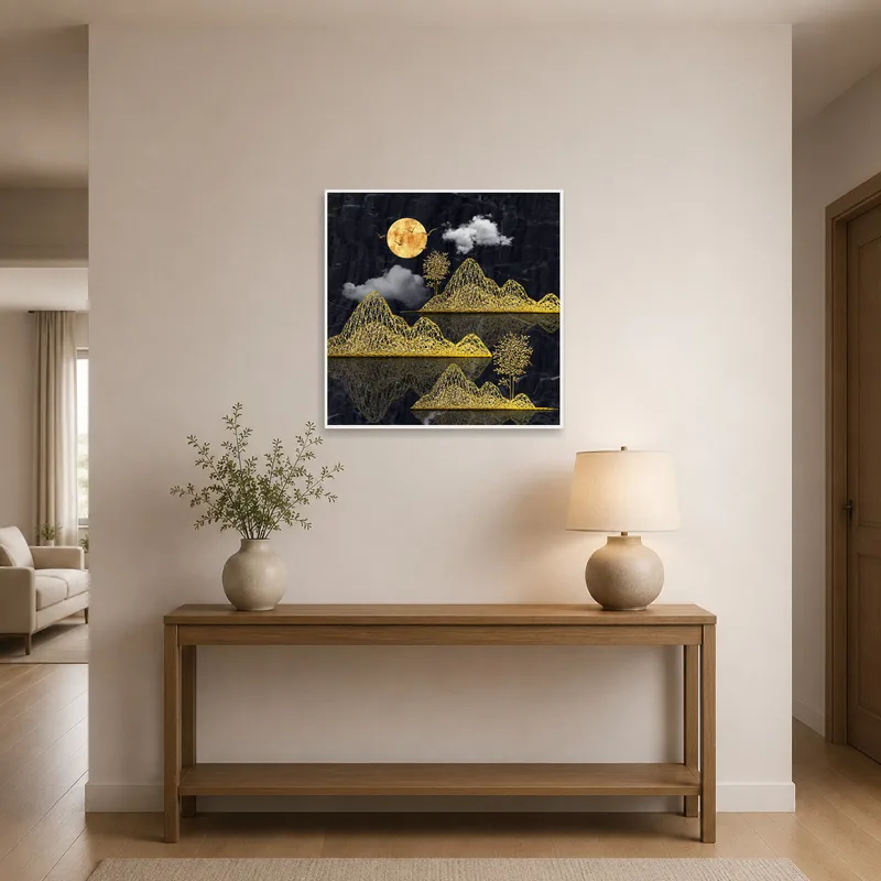 Mountain landscape with a full moon warmly greets guests in the entrance hall.