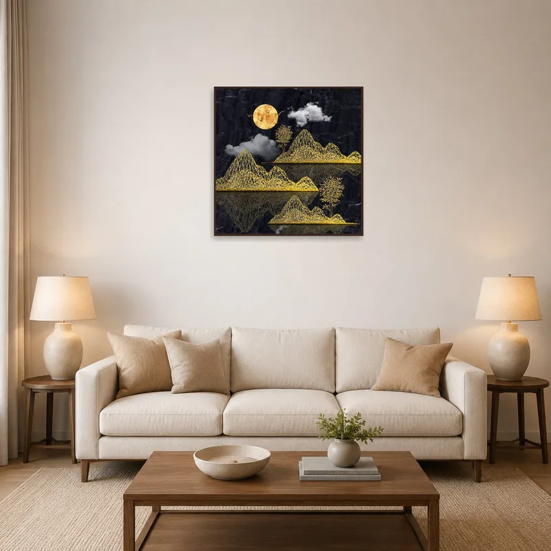 Golden mountain landscape with full moon hanging above a modern sofa in living room.
