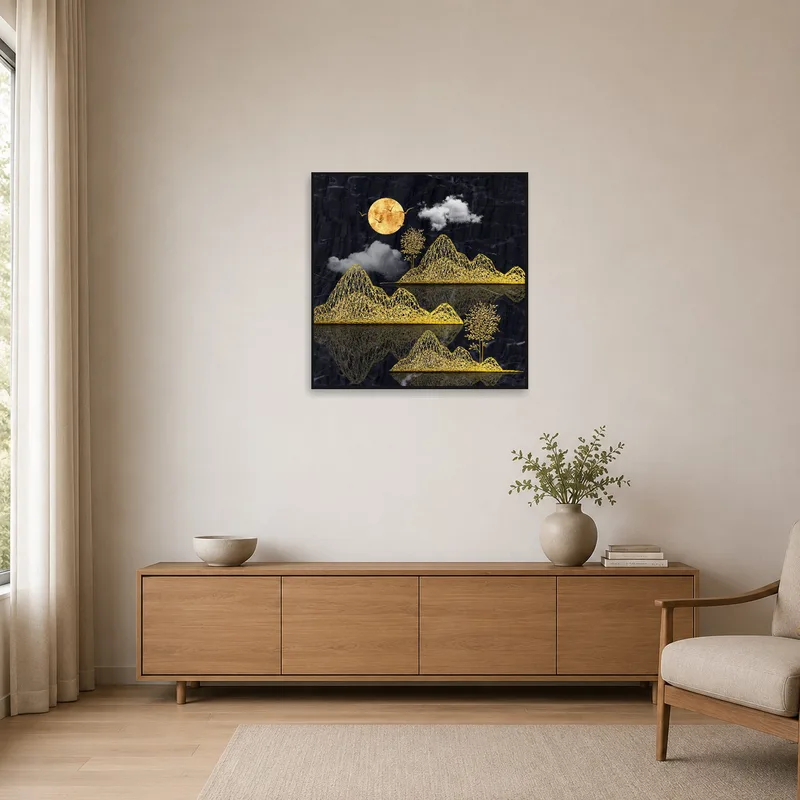 Golden mountain and full moon art piece on a simple white wall in a minimalist space.