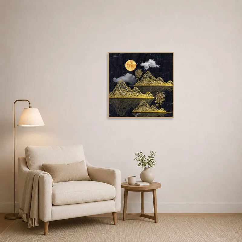 Golden mountain scene with moon providing serenity to a cozy reading corner.