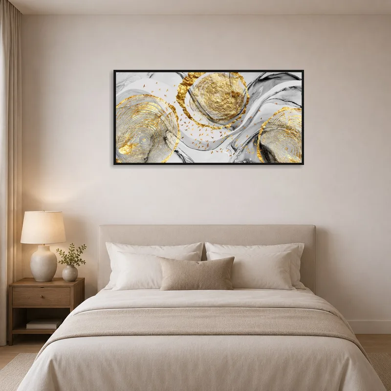 Panoramic art print of golden nature in a serene bedroom.