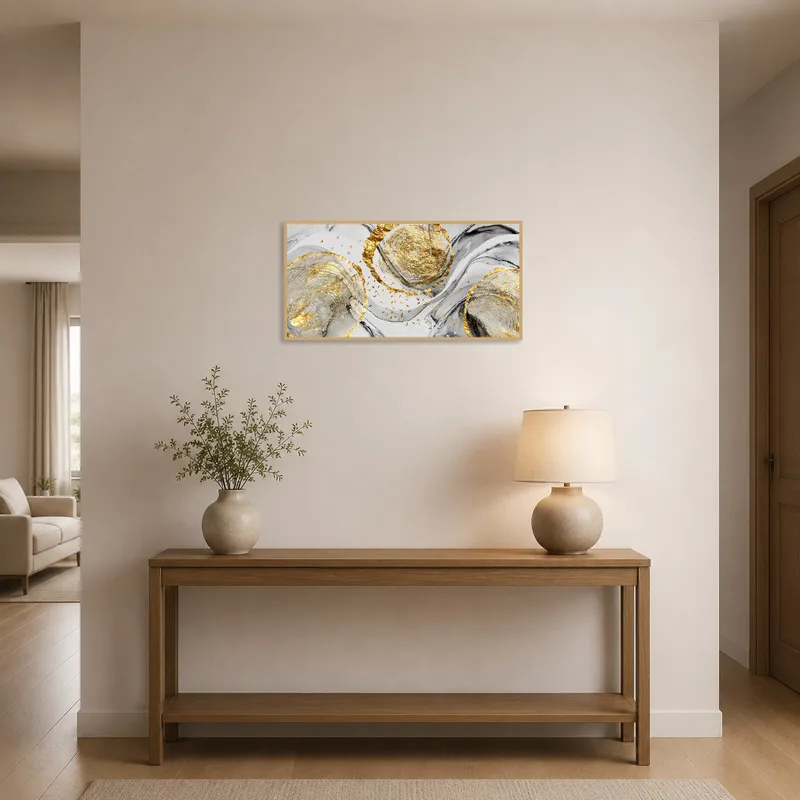 Golden nature art print welcomes in a chic entrance hall.