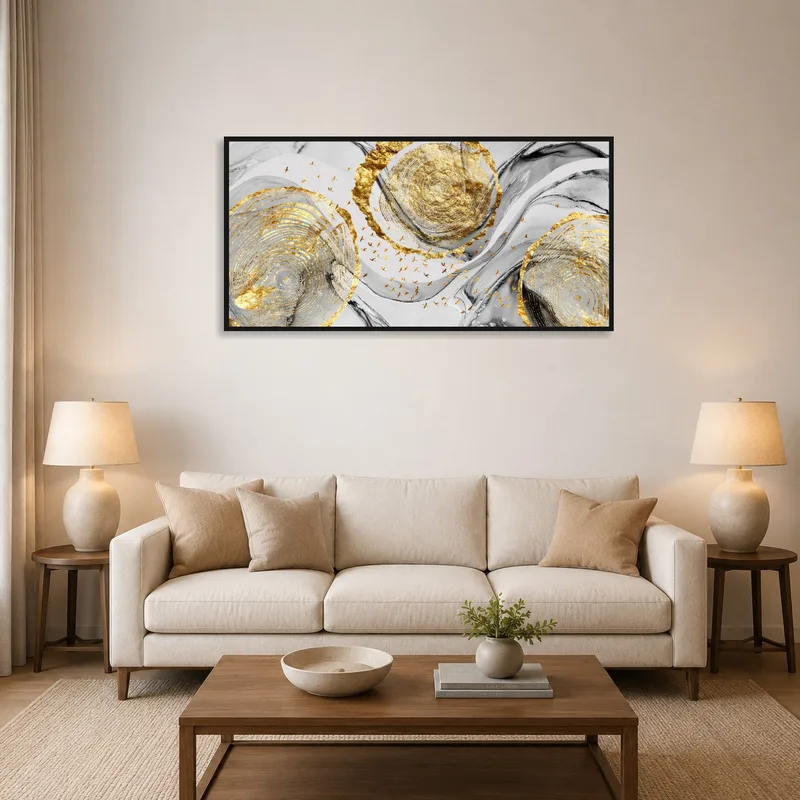 Art print of golden abstract nature above a modern sofa.
