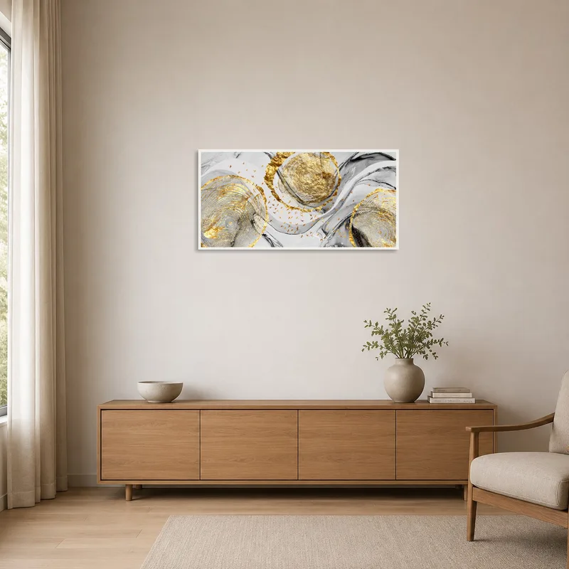 Sleek golden abstract print in a minimalist room.