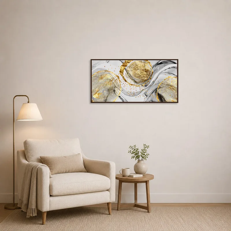 Elegant abstract art print enhances a cozy reading corner.